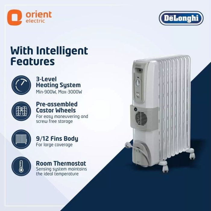 DELONGHI 12 Fin Oil Filled Radiator Room Heater with Fan (White)