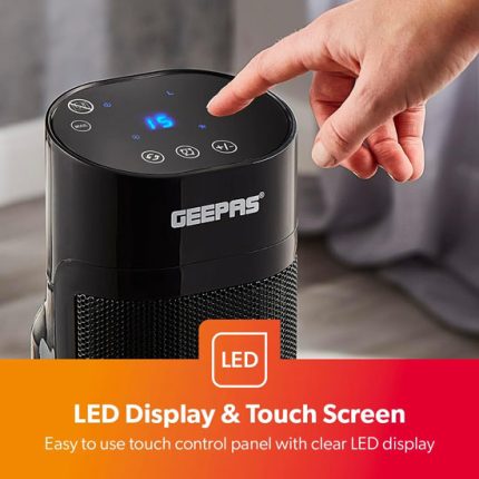 Geepas Oscillating Digital Tower PTC Energy Efficient Heater With 2 Heat Settings | Low Running Cost Ceramic Heater with Fireplace, LED Display, 24 Hour Timer, Remote Control, Safety tip-over Switch